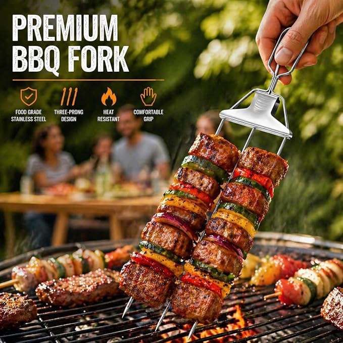 3 Prong BBQ Skewers for Grilling, 14.7 Inch Stainless Steel Kabob Skewers with Push Slider Bar, Reusable Metal Grill Skewers for Meat,Vegetables, Outdoor Barbecue Accessories (1 Fork + 1 Bag+1 Brush)