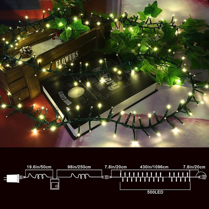 500 LED String Lights - Outdoor, 46ft, 500LED, Warm White, Plug-in Twinkle Fairy Lights with 11 Modes, Bedroom, Christmas