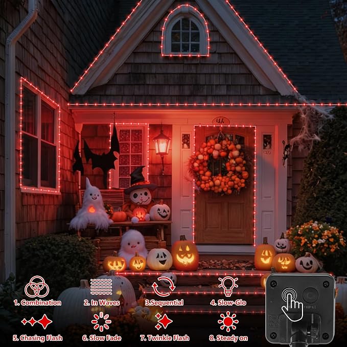 QITONG Red Solar Halloween Lights, 66ft 200 LED Solar Rope Lights Outdoor, 8 Modes Fairy Lights in Clear Thin Tube