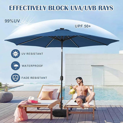 Sundale Outdoor 88 LED 10 FT Solar Patio Umbrella with Base, Navy | Sand Bag Umbrella Base, Tilt, Crank, Solar Lights