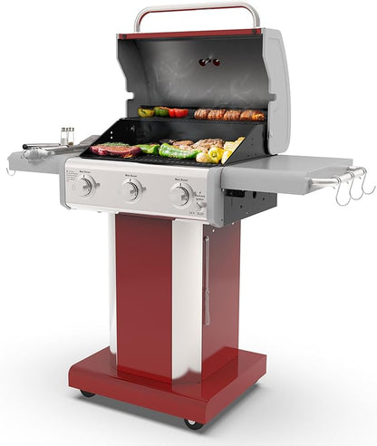 Kenmore 3-Burner Outdoor BBQ Grill | Liquid Propane Barbecue Gas Grill with Folding Sides, PG-A4030400LD-RD, Pedestal Grill with Wheels, 30000 BTU, Red