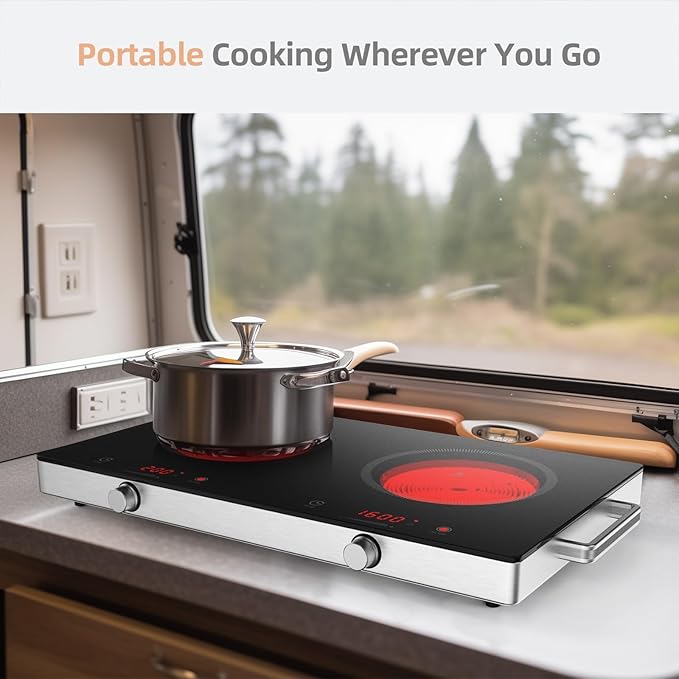 Infrared Double Burner Hot Plate,1800W Portable Electric Cooktop for 110-120V Outlet, Ceramic Glass Top, Knob & Touch Control, 9 Power Levels, Timer, Works with Any Cookware