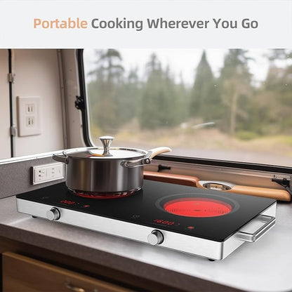 Infrared Double Burner Hot Plate,1800W Portable Electric Cooktop for 110-120V Outlet, Ceramic Glass Top, Knob & Touch Control, 9 Power Levels, Timer, Works with Any Cookware