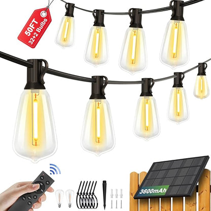 50FT Solar String Lights with 32 Bulbs 1.5FT Bulbs Spacing, 10Hours, Remote | 2Spare Bulbs, 3600mAm Battery, Remote On/Off & Sensor, Zipper & Screw, IP65 Waterproof For Patio Outside Backyard