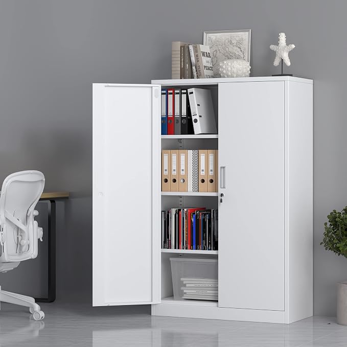 Metal Storage Cabinet with Locking Doors and 3 Adjustable Shelves, 53.5-Inch Tall Lockable Steel Storage Cabinets for Home Office Garage Pantry (White)
