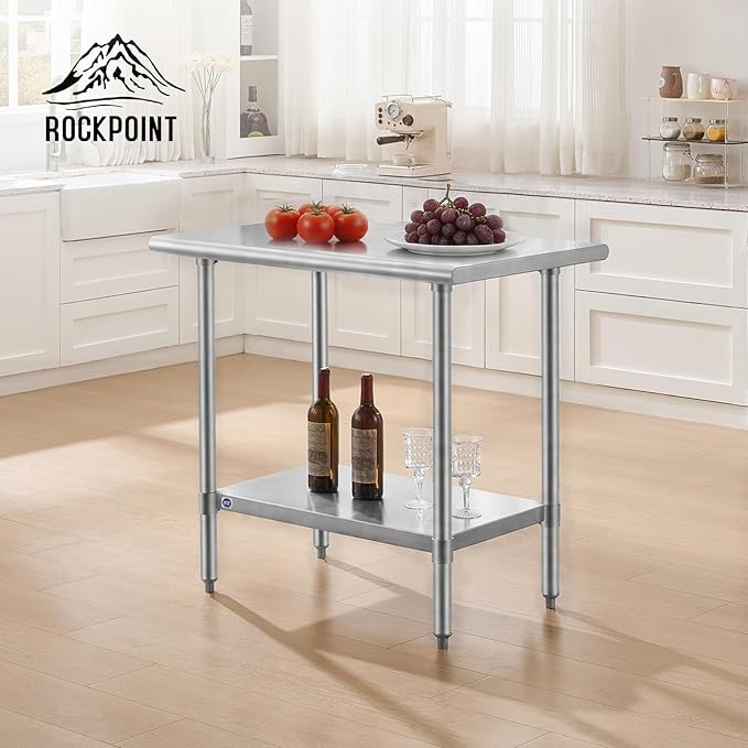 ROCKPOINT SS304 Top All Stainless Steel Table for Prep & Work 24x36 Inches, NSF Commercial Kitchen Heavy Duty Table with Adjustable Undershelf for Restaurant,Kitchen, Home and Hotel