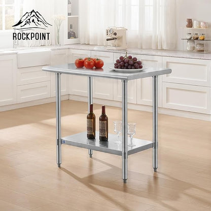 ROCKPOINT SS304 Top All Stainless Steel Table for Prep & Work 24x36 Inches, NSF Commercial Kitchen Heavy Duty Table with Adjustable Undershelf for Restaurant,Kitchen, Home and Hotel
