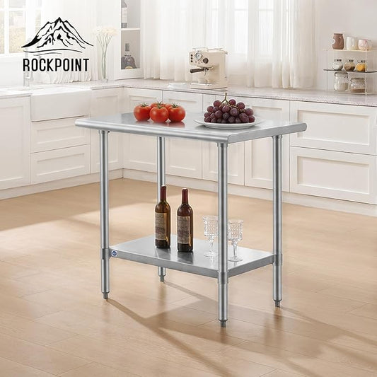 ROCKPOINT SS304 Top All Stainless Steel Table for Prep & Work 24x36 Inches, NSF Commercial Kitchen Heavy Duty Table with Adjustable Undershelf for Restaurant,Kitchen, Home and Hotel