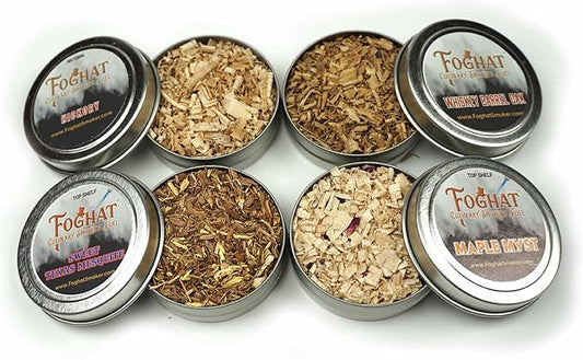 Foghat Fuel Sampler Four Pack | Whiskey Barrel Oak, Old Hickory, Sweet Texas Mesquite, Maple Myst Wood Shavings, 4 x 1oz | Cocktail and Culinary Wood Chips for Smoking