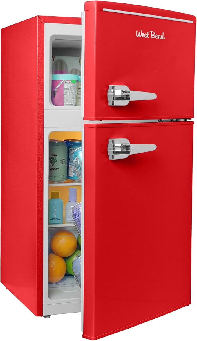 West Bend Mini Fridge with Freezer Retro-Styled for Home Office or Dorm, Features Dual Doors Removable Glass Shelves Manual Defrost and Mechanical Adjustable Temperature Control, 3.1-Cu.Ft, Red