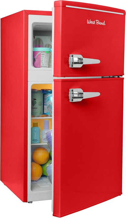 West Bend Mini Fridge with Freezer Retro-Styled for Home Office or Dorm, Features Dual Doors Removable Glass Shelves Manual Defrost and Mechanical Adjustable Temperature Control, 3.1-Cu.Ft, Red