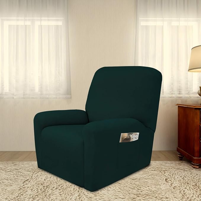 PureFit Stretc Recliner Chair Covers Fleece Soft Couch Covers for Sofa | Deep Teal 4-Pieces Recliner Slipcover Pocket Couch Protector, Fleece Sofa Cover Washable with Non Slip Elastic Bottom