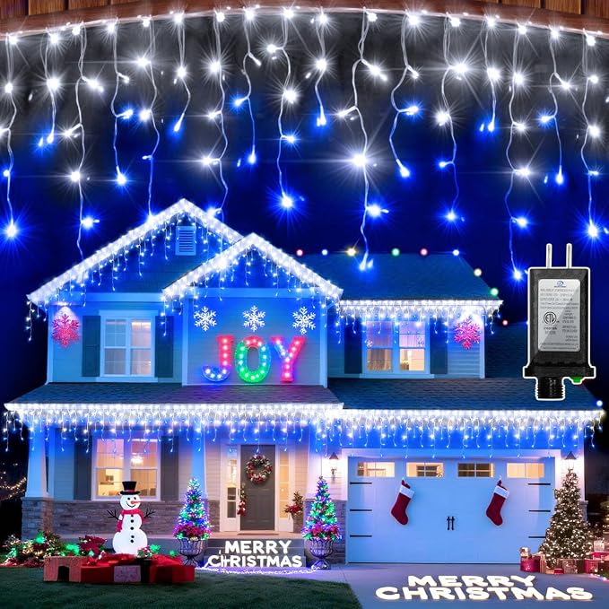 1332 LED 132FT Christmas Lights,296 Drops Icicle Lights with 12 Modes | Blue and Cool White Icicle String Lights with Timer and Dimming for Rooflines, Wide Eaves, Storefronts and Events.