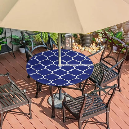 Fitted Round Tablecloth with Umbrella Hole and Zipper Navy Blue Outdoor Elastic Table Cloth 36"-44" Oil-Proof Waterproof Patio Table Cover for Dining Picnic Camping