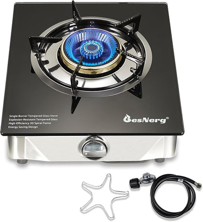 1 Burner Propane Gas Stove with Auto Ignition, 14500 BTU High-Efficiency Heavy-Duty Tempered Glass Cooktop, CSA Regulator & Hose Included, for Outdoor Camping Emergency