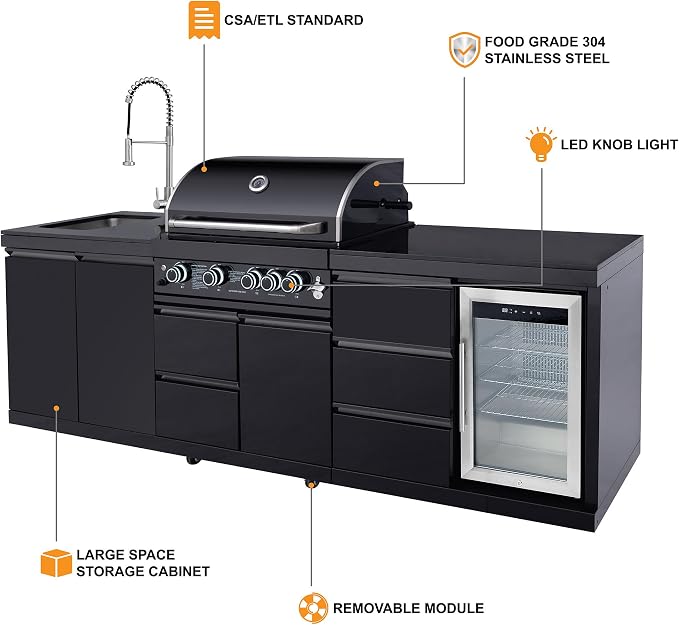 MAHARLIKA Modular Black Outdoor BBQ Kitchen island, 304 Stainless Steel Freestanding Propane Grill with Sink, Prep Counter & Built-in Drink Cooler for Patio Backyard Entertaining