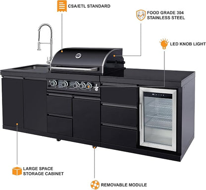 MAHARLIKA Modular Black Outdoor BBQ Kitchen island, 304 Stainless Steel Freestanding Propane Grill with Sink, Prep Counter & Built-in Drink Cooler for Patio Backyard Entertaining