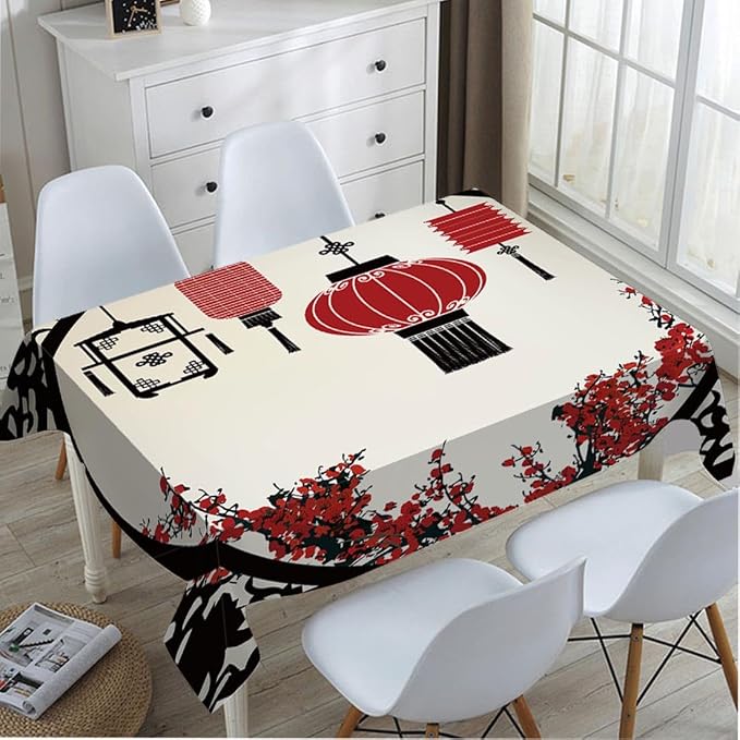 TKS MITLAN Chinese Lantern Decorative Rectangle Tablecloth Festival Window Flower Cherry Pattern Polyester Table Cloths Kitchen Table Cover for Dining BBQ Picnic Coffee Table 60 x 84 Inch 6-8 Seats
