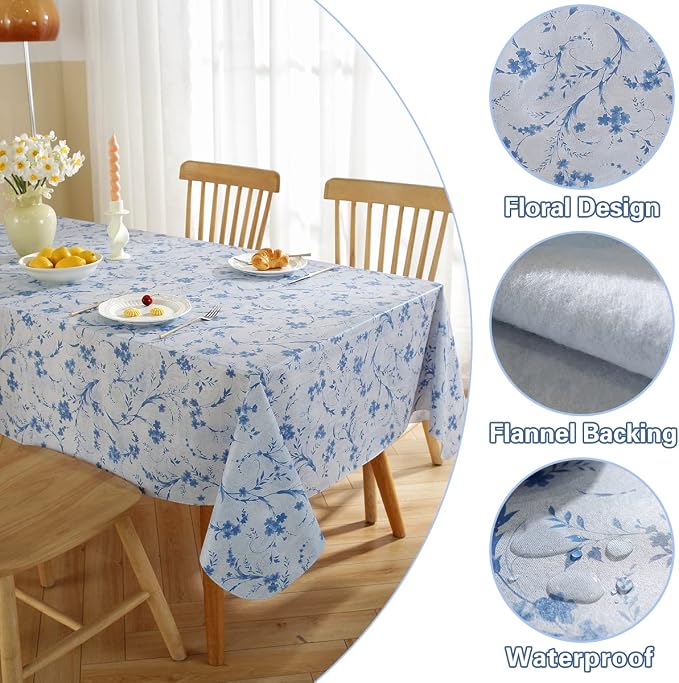 SASTYBALE Vinyl Tablecloth with Flannel Backing Rectangle 60 x 102 Inch | Floral Waterproof Stain Resistant Plastic Tablecloth, Vintage Plastic Table Cover for Dining, Party, Indoor, Outdoor, Blue