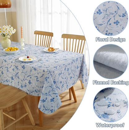 SASTYBALE Vinyl Tablecloth with Flannel Backing Rectangle 60 x 102 Inch | Floral Waterproof Stain Resistant Plastic Tablecloth, Vintage Plastic Table Cover for Dining, Party, Indoor, Outdoor, Blue