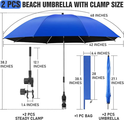 2 PACK Beach Umbrella with Clamp, 360 ° Adjustable Umbrellas for Chair, UPF50+ Umbrella for Beach Chair, Patio Chair, Wheelchair, Camping Chair, Golf Carts (Chair Not Included)
