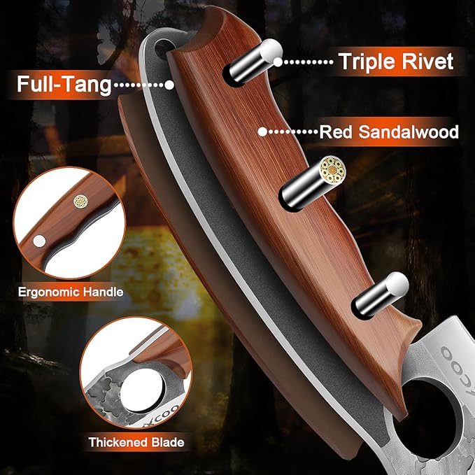 Hand Forged 3-Piece Knife Set High Carbon SteelKitchen Knives Meat Boning Cleaver Cheese Knife Professional Butcher Hunting Fish Fruit Viking Knife with Sheath for Hiking, Camping, Fishing, BBQ