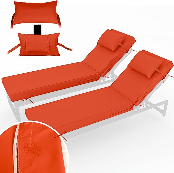 Chaise Lounge Cushions Outdoor Set of 2 Lounge Chair Cushion 80" L x 26" W with Headrest Straps 3'' Thick Waterproof Patio Chaise Cushions Pool Lounger Chair Cushion(Orange)