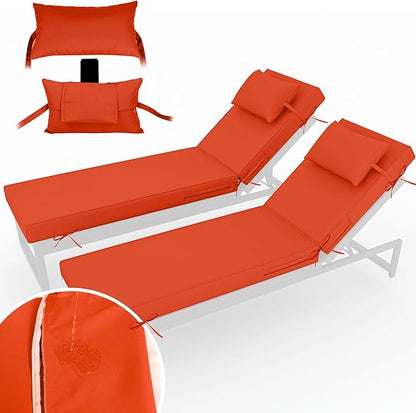 Chaise Lounge Cushions Outdoor Set of 2 Lounge Chair Cushion 80" L x 26" W with Headrest Straps 3'' Thick Waterproof Patio Chaise Cushions Pool Lounger Chair Cushion(Orange)