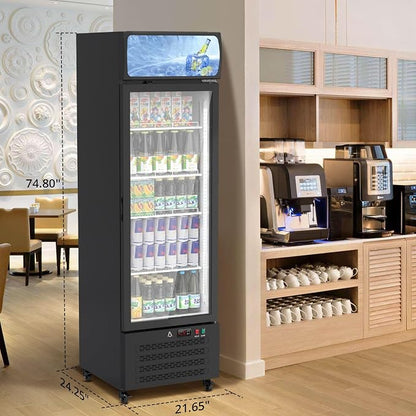 11.3 Cu.Ft Commercial Display Refrigerator,Glass Door Beverage Cooler with Adjustable Shelves,LED Lighting & Advertising Panel, Mobile Design, Black