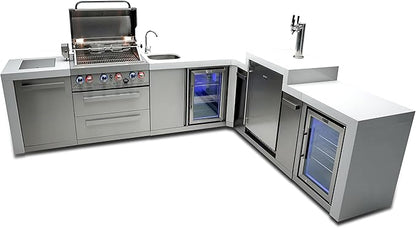 Mont Alpi 120"W x 98"D Deluxe L-shaped Stainless Steel Outdoor Kitchen Island + Refrigerator Faucet & Sink + 3-tap Kegerator Beer Dispenser + 32"W 4-Burner BBQ Grill + Side Burner + Rotisserie + Cover