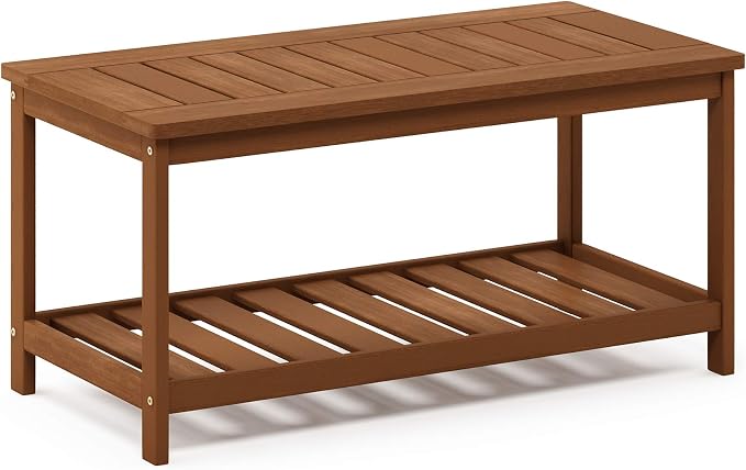 Furinno TIOMAN 2-Tier Outdoor Patio Table with Open Shelf, Natural | Slatted Hardwood Tabletop, Side Table, Coffee Table, in Teak Oil, for Patio, Garden, Porch