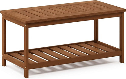Furinno TIOMAN 2-Tier Outdoor Patio Table with Open Shelf, Natural | Slatted Hardwood Tabletop, Side Table, Coffee Table, in Teak Oil, for Patio, Garden, Porch