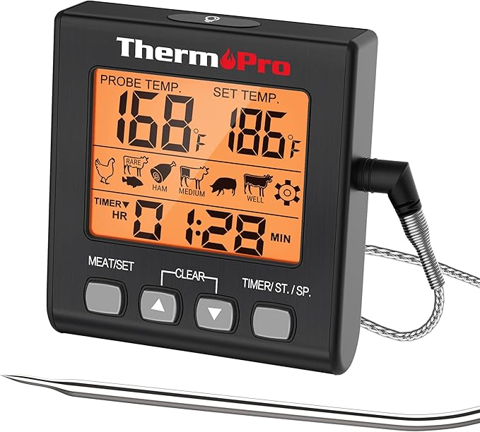 ThermoPro TP16SW Digital Meat Thermometer for Cooking and Grilling, BBQ Food Thermometer with Backlight and Kitchen Timer, Grill Temperature Probe Thermometer for Smoker, Barbecue, Oven, Black