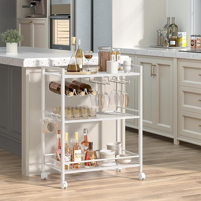 Joaxswe Bar Cart,3-Tier Home Bar Serving Cart with Lockable Wheels,White | Microwave Cart,Mobile Kitchen Shelf,Rolling Beverage Cart with Wine Rack and Glass Holder for Kitchen,Dinning Room