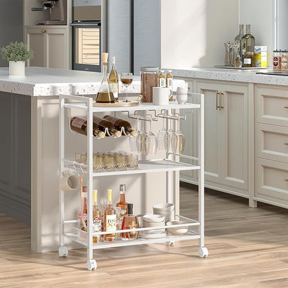 Joaxswe Bar Cart,3-Tier Home Bar Serving Cart with Lockable Wheels,White | Microwave Cart,Mobile Kitchen Shelf,Rolling Beverage Cart with Wine Rack and Glass Holder for Kitchen,Dinning Room