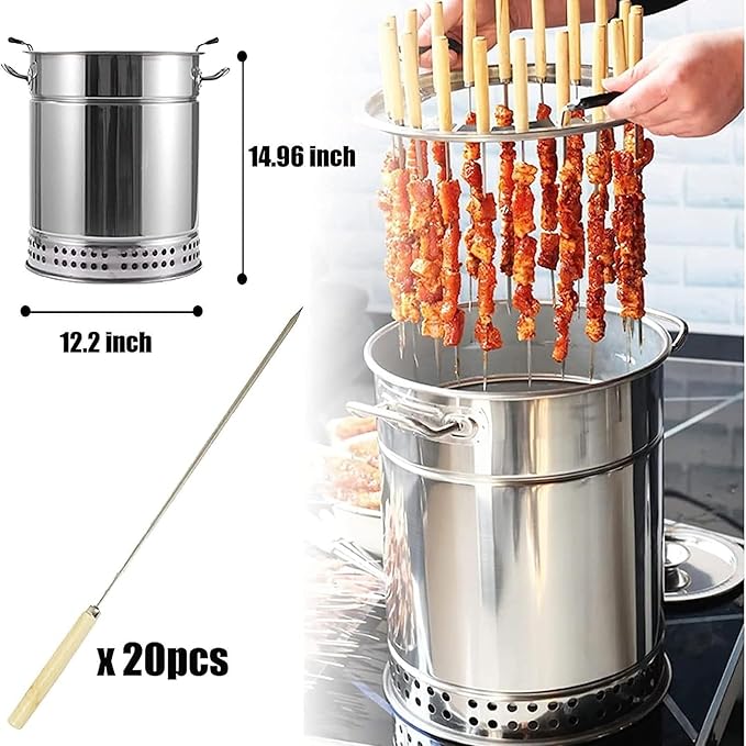 Charcoal Barrel BBQ Grill with Rolling Grilling Basket, Stainless Steel BBQ Grill Mesh Barrel with Kabob Skewers, for Camping and Barbecue(20-Skewer Oven)