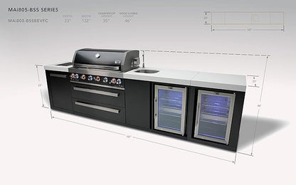 Mont Alpi Premium 132"W x 23"D Black Stainless Steel Modular Outdoor Kitchen Island + 2 Refrigerators + Beverage Center Faucet & Sink + 44"W 6-Burner BBQ Grill + Granite Countertops + Storage + Cover