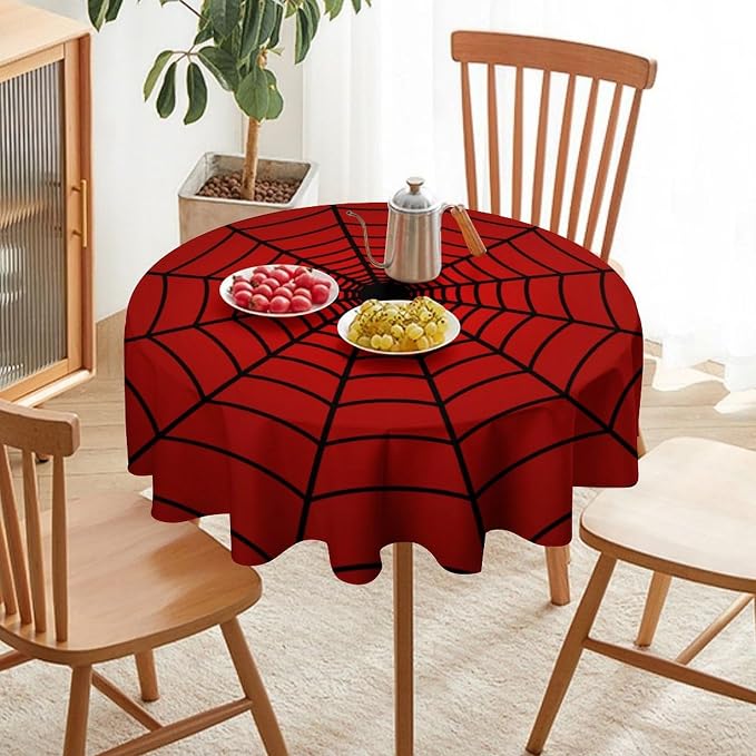 Spider Web Heros Tablecloth, Black Spiderweb Red Cobweb Circle Water Resistant Wipeable Table Cover for Picnic Party Holiday Kitchen Dinner Table 36"