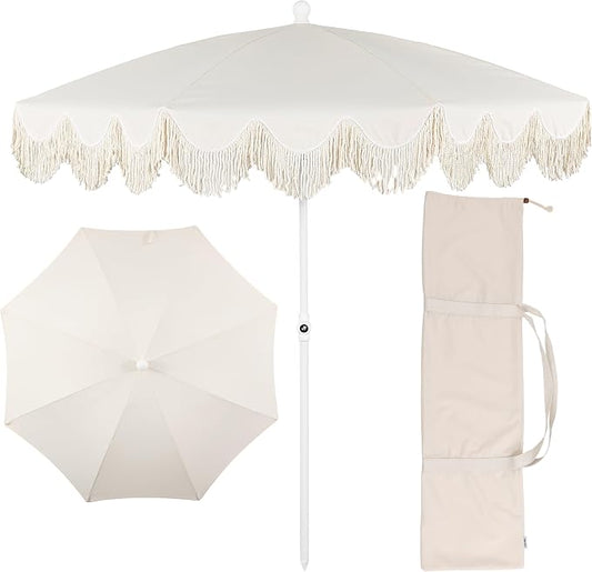 JONATHAN Y Mariner 6.5 ft. Solid Fringe Beach Umbrella, Cream | Push-Button Tilt, UV 50 Protection, Matching Carry Bag, White Iron Pole, Wind Vent, Scalloped Round Canopy