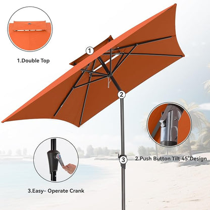 6.6 x 10 ft Rectangular Patio Umbrella, Outdoor Market Table Umbrella with Push Button Tilt and Crank, Double-Tier Vent, 6 Ribs, Rectangle Patio Umbrella for Backyard, Deck, Pool, Fits 4–6 Chairs and Tables (Orange)