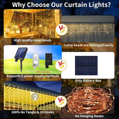 Solar Curtain Lights Outdoor Waterproof 10 * 10Ft 300LED Waterfall Light with 8 Modes Remote Rechargeable Dimmable Hanging Twinkle Fairy String Lights for Outside Christmas Gazebo Party Wedding