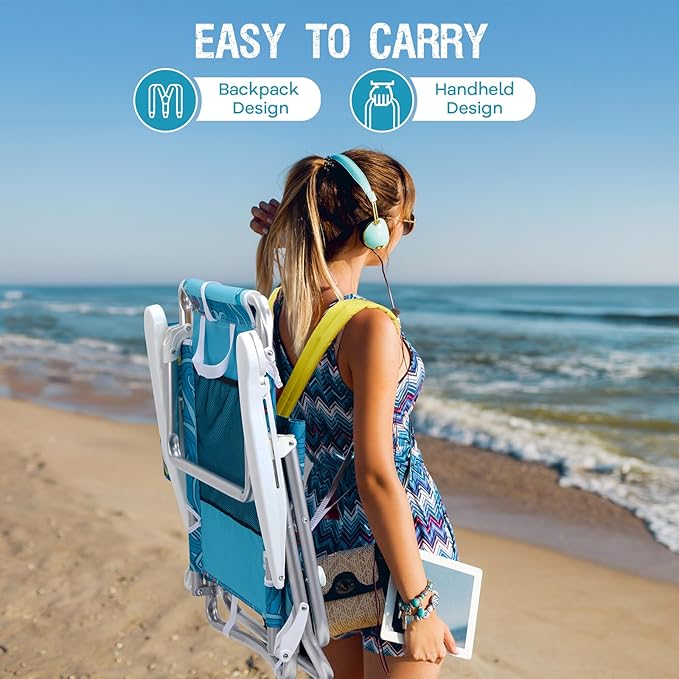 Old Bahama Bay Backpack Beach Chair, Aluminum Lightweight Reclining 5-Position Lounge Chair for Adults Heavy Duty Support 400 LBS Portable Folding with Cooler Bag Camping Chair for Sand Outdoor