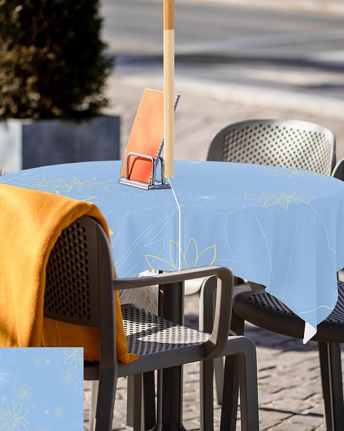 QueenKer Outdoor Tablecloth with Umbrella Hole, Minimalist Lines Leaves Flowers Blue Square Tables Waterproof Tabletop Collection for Patio, Garden, Picnic, Camping, Dining 54 x 54 inch