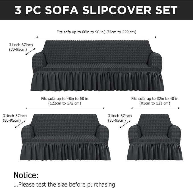Fanfanwin 3 Pcs Sofa Slipcover Set for Couch Cushion Durable Washable High Elastic Stretchable Furniture Couch Covers with Skirt for Sofa Loveseat Arm Chair(Dark Gray,Seersucker)