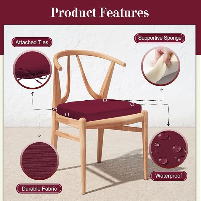 Cozyide Outdoor Chair Cushions, Waterproof Patio Seat Cushions with Adjustable Straps, Round Corner Patio Chair Cushions for Garden, Burgundy, 17x16x2 Inch (Pack of 4)