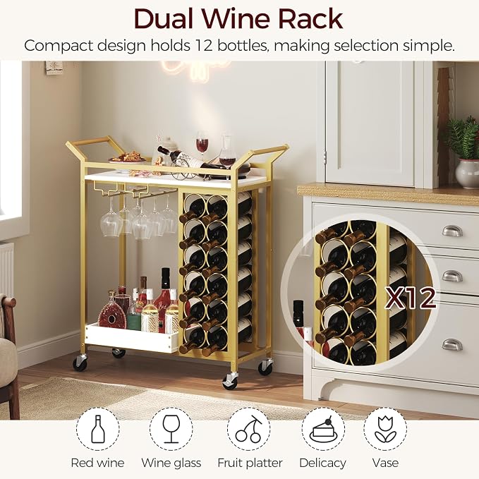 MAHANCRIS Gold Bar Cart, Bar Cart for Home, 2-Tier Wine Rack, Wine Cart with Wheels, Drink Cart with Glass Holder, Serving Cart for Kitchen, Gold and White RCJW18101