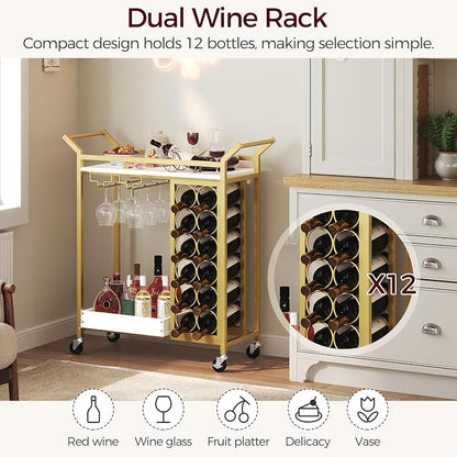 MAHANCRIS Gold Bar Cart, Bar Cart for Home, 2-Tier Wine Rack, Wine Cart with Wheels, Drink Cart with Glass Holder, Serving Cart for Kitchen, Gold and White RCJW18101
