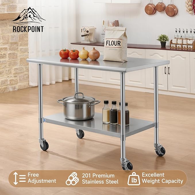 ROCKPOINT All Stainless Steel Prep Table with Caster 30x48 Inch, Commercial Heavy Duty Workbench with Stainless Legs & Adjustable Undershelf, 840 lb Capacity for Outdoor Kitchens with Wheel