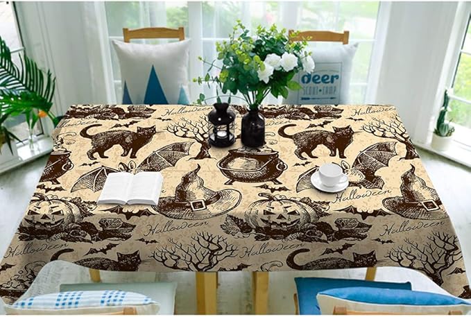 Moslion Tablecloth Halloween Pattern Retro Vintage Style Animal Cat Pumpkin Owl Bat Witch Hat Tree Season Tablecloth for Fall Harvest Thanksgiving Christmas Wedding Anniversary 60x90 Inch