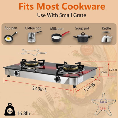2 Burner Propane Gas Stove with Auto Ignition, 29000 BTU High-Efficiency Heavy-Duty Tempered Glass Cooktop, CSA Regulator & Hose Included, for Outdoor Camping Emergency